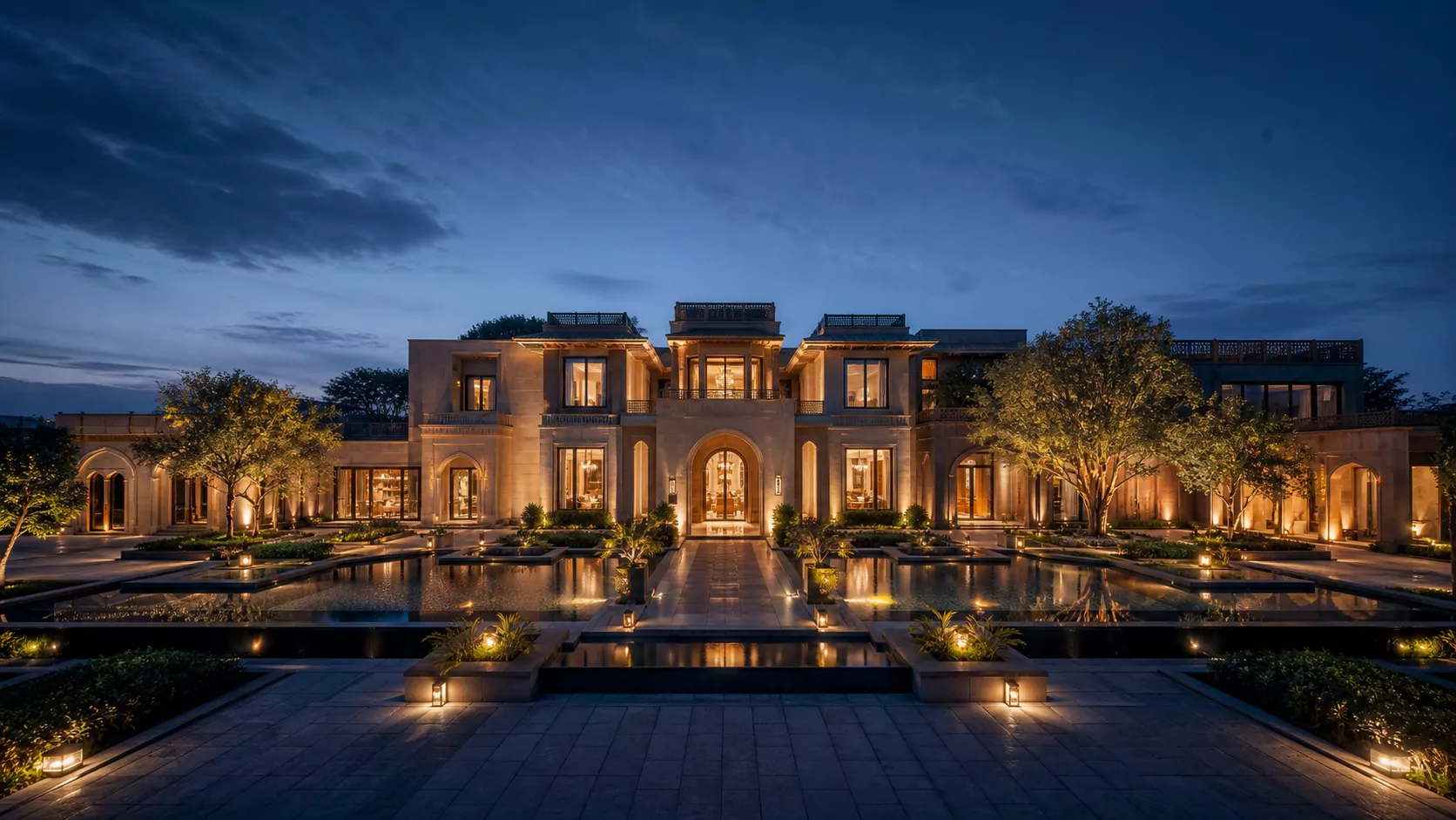 A bespoke Smartiotive luxury smart residence illuminated at blue hour