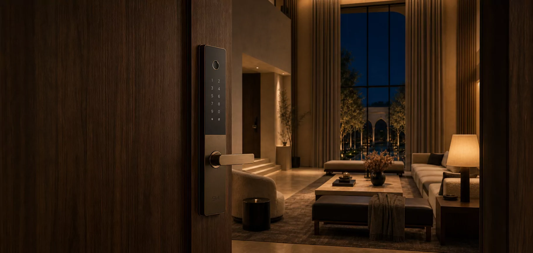 Branded Smartiotive smart lock installed on the home entrance — Black / Gold finish